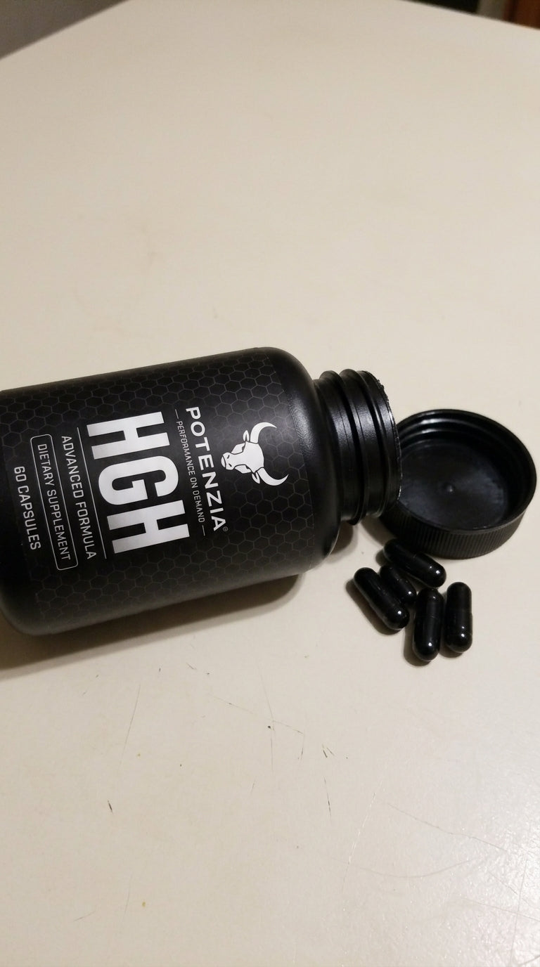 Open Potenzia HGH bottle with capsules beside it