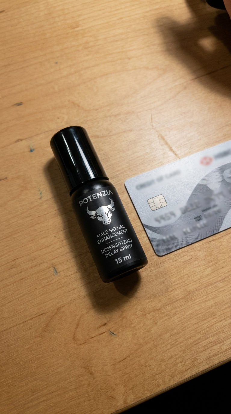 Potenzia spray bottle next to a card for size comparison
