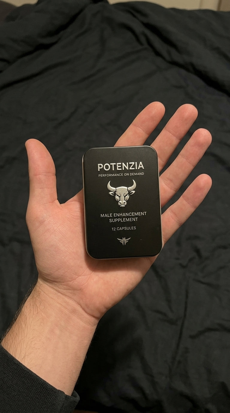Hand holding the Potenzia Capsules tin to show its size