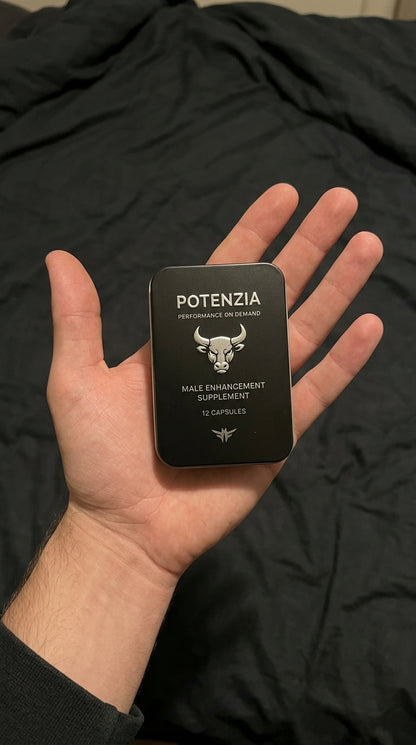 Hand holding the Potenzia Capsules tin to show its size