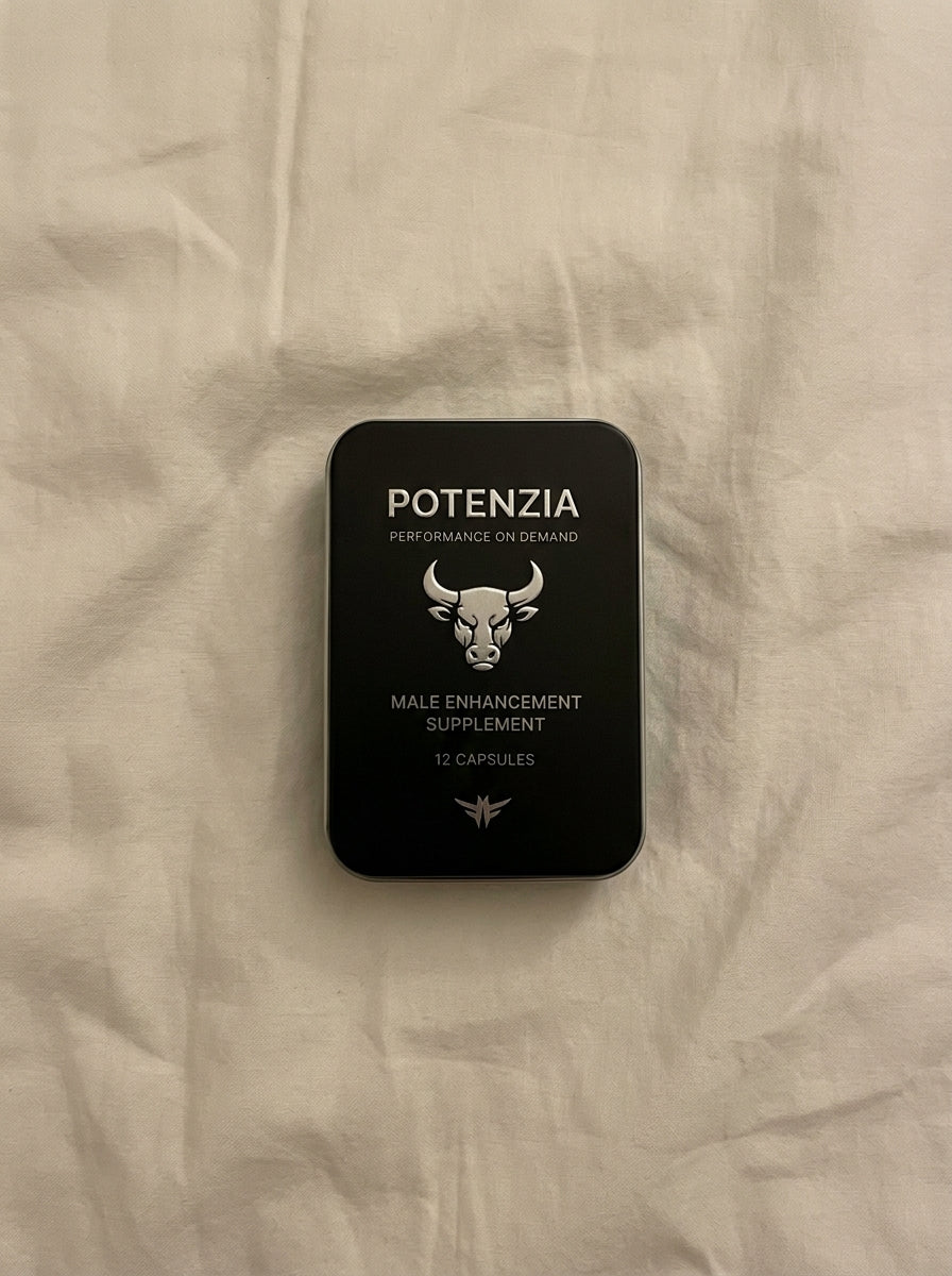 Potenzia Capsules tin on a nightstand