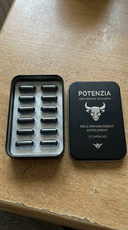 Open tin showing the blister pack with 12 capsules