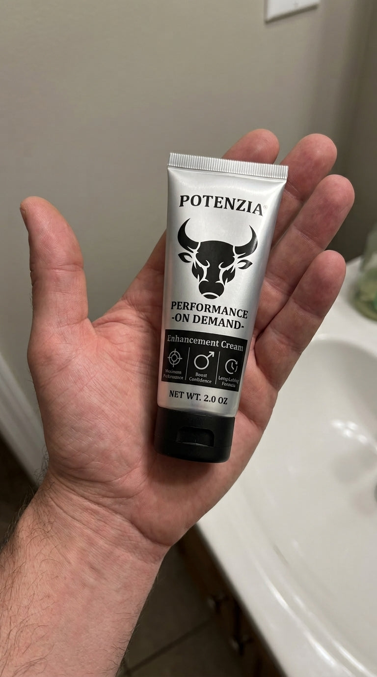 Hand holding the Potenzia cream tube
