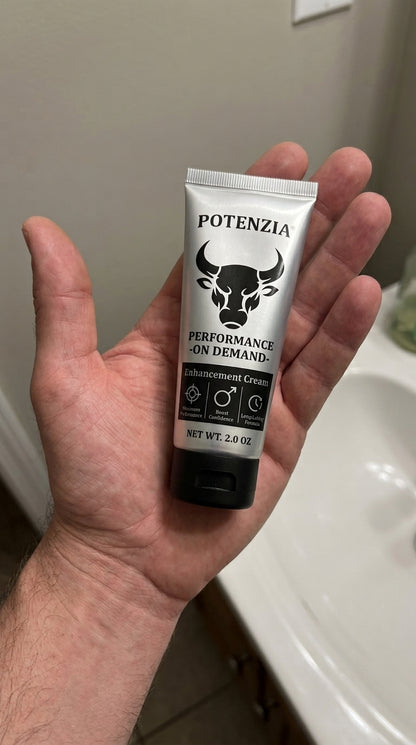 Hand holding the Potenzia cream tube