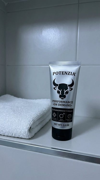 Potenzia cream tube on a bathroom shelf