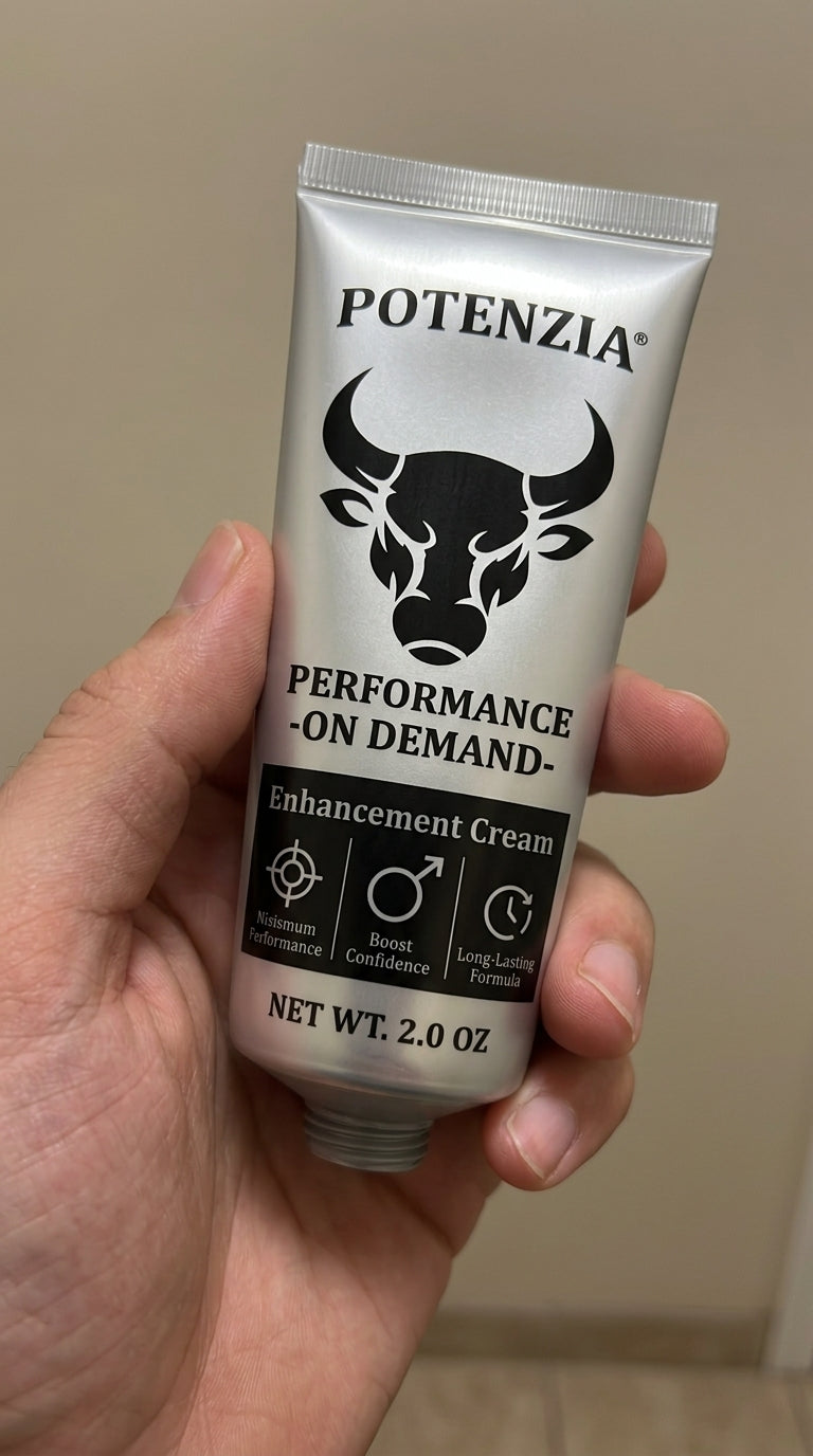 Close-up of the printed panel on the Potenzia cream tube