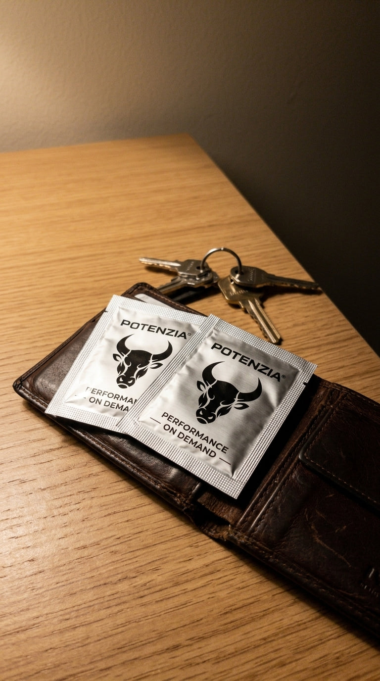 Potenzia film strip sachets on a wallet