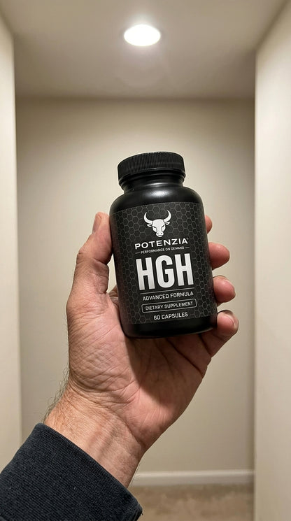 Hand holding the Potenzia HGH bottle