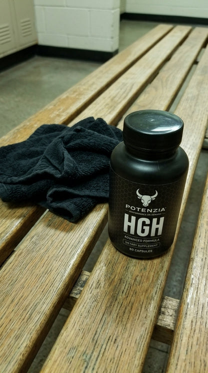 Potenzia HGH bottle on a gym bench