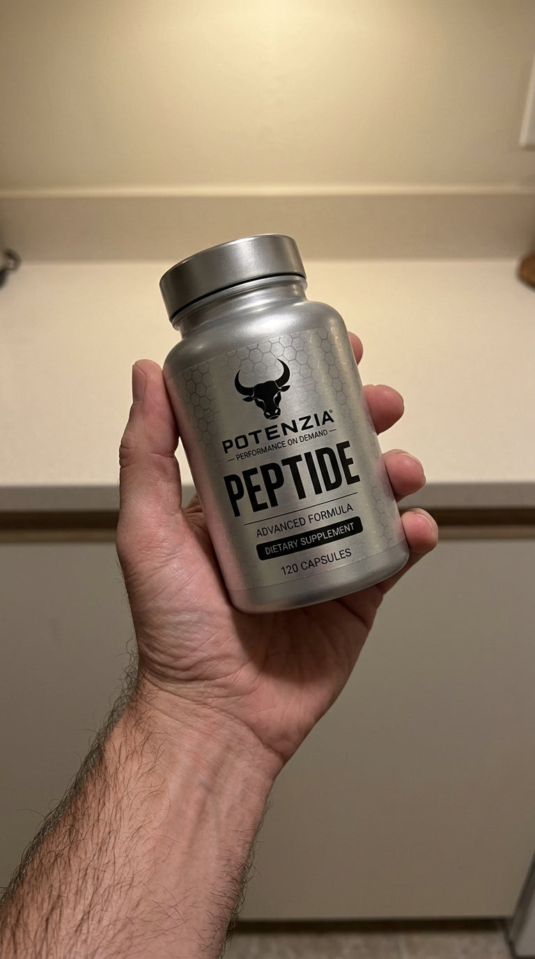 Hand holding the Potenzia Peptide bottle