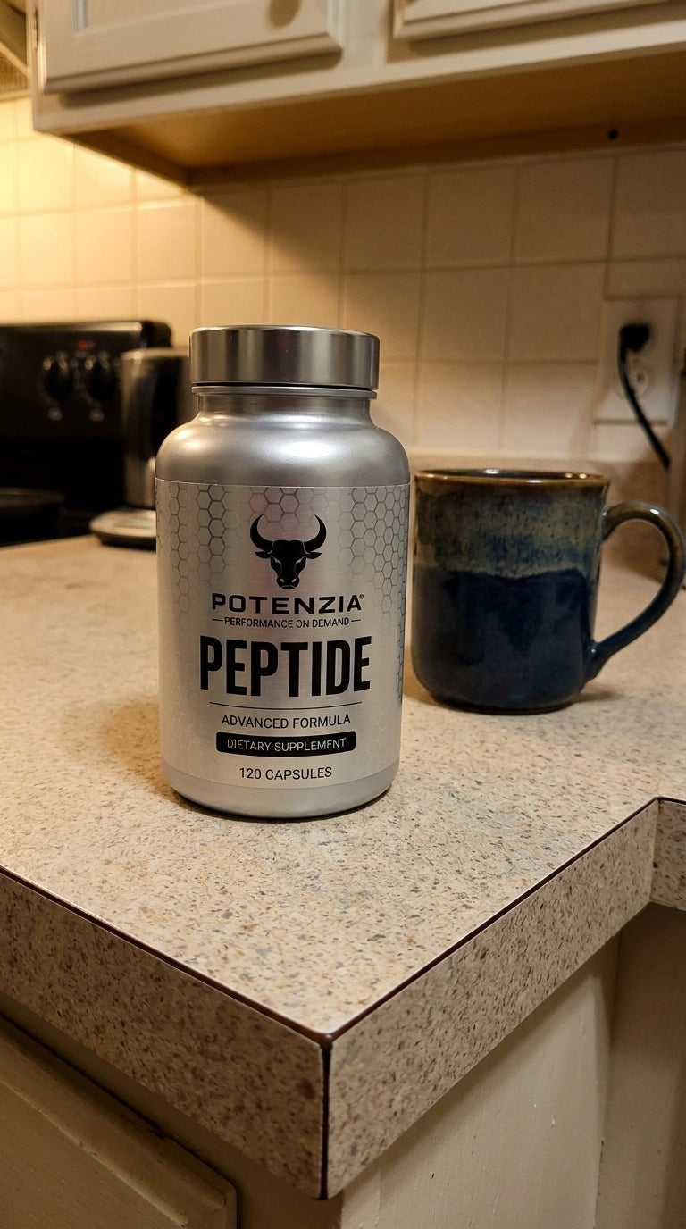 Potenzia Peptide bottle on a kitchen counter