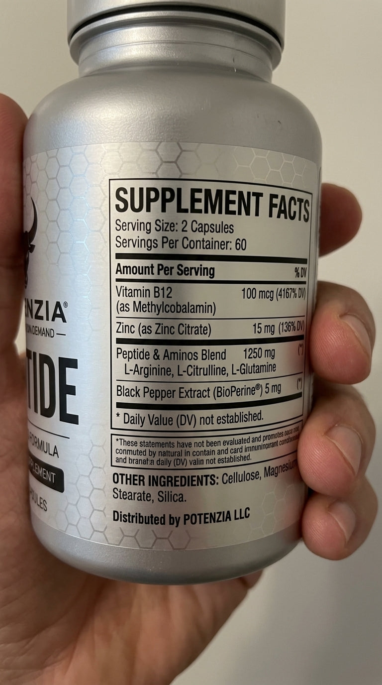 Supplement facts panel on the Potenzia Peptide bottle