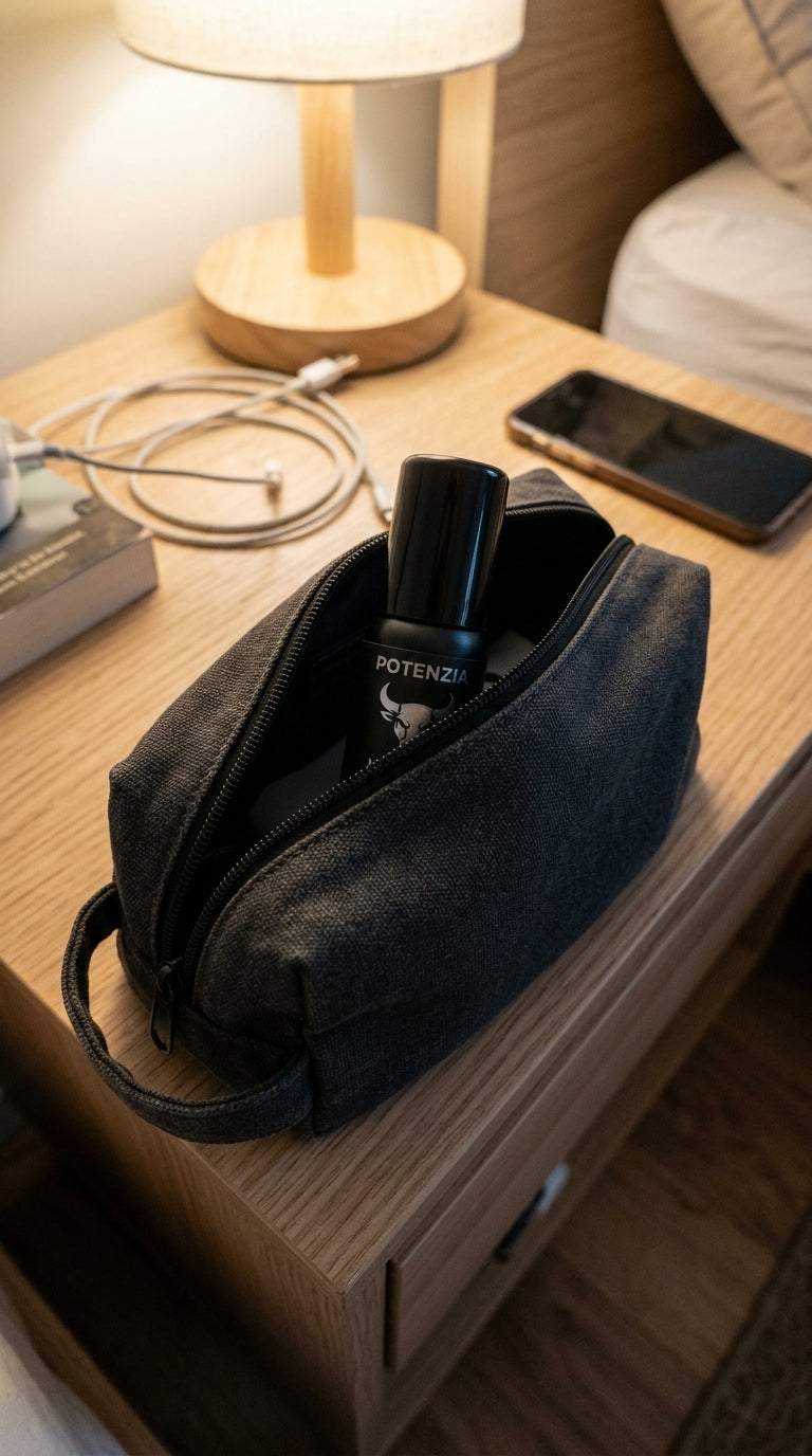 Potenzia spray bottle in an open toiletry bag